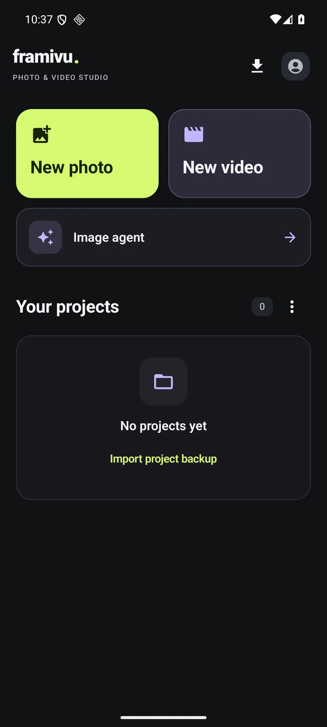 Framivu home screen, with New photo, New video, Image agent and Your projects
