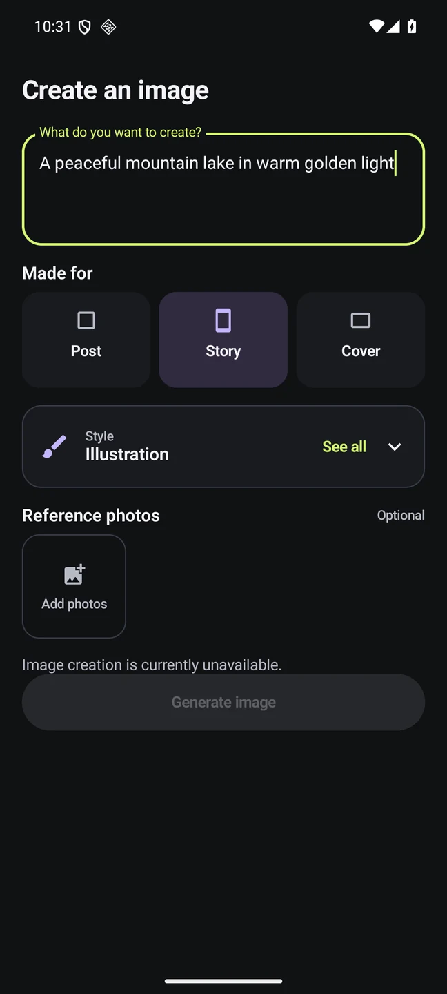 Enlarge the Image agent preview with a written idea, format, style and optional reference photos