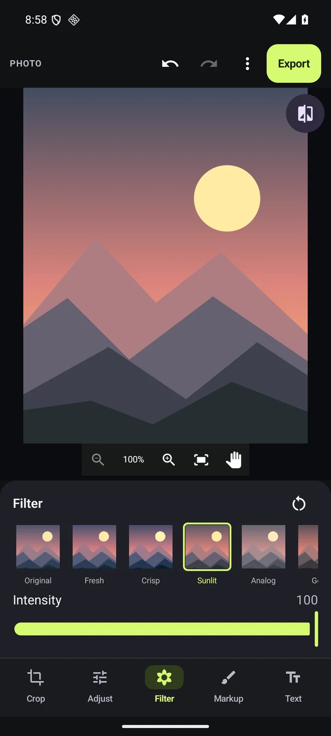 Framivu photo editor showing a mountain illustration and adjustable filters